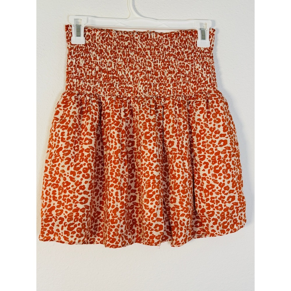 Loft Orange Animal Print Smocked Waist Mini Skirt Metallic Accents Womens Small